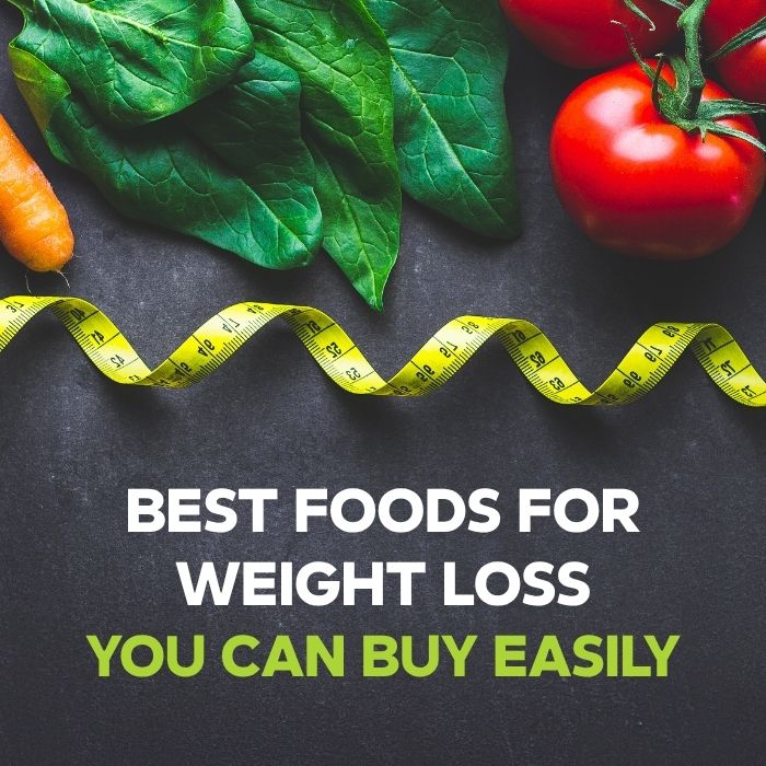 Healthy weight loss foods, including fruits, vegetables, oats, nuts, and protein-rich meals, on a table